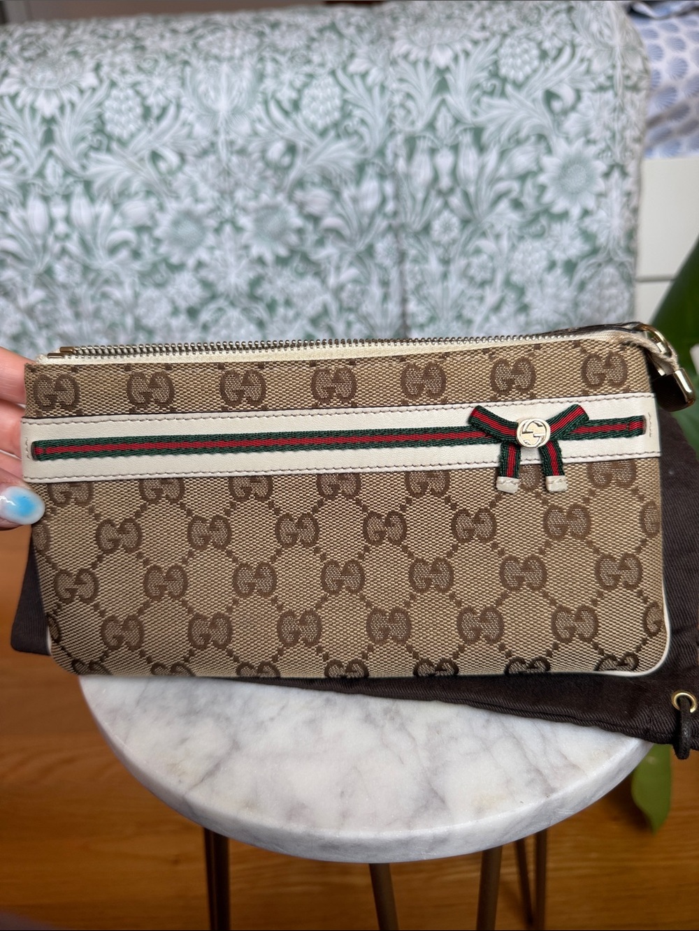 Gucci Beige GG Canvas Wristlet with Signature Web Ribbon
